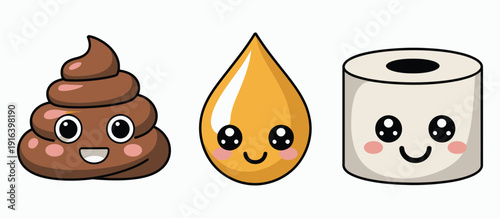 Cute cartoon poop, pee, and toilet paper characters, children potty training mascots, pile of feces, drop of urine, and tissue roll with funny faces