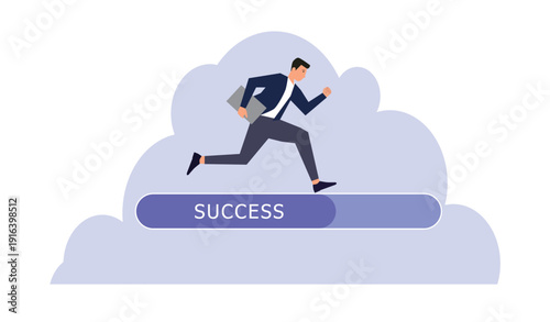Successful businessman running on a success loading bar holding a gold coin. Concept for fast financial growth, business speed, profit progress, career acceleration