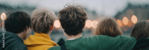 Rear view of group of young friends walking together with arms around each other's shoulders outdoors at dusk, with blurred bokeh lights in background