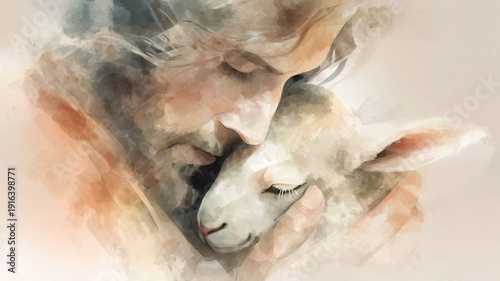 Jesus christ, the good shepherd, embracing a lamb, a symbol of guidance spiritual redemption