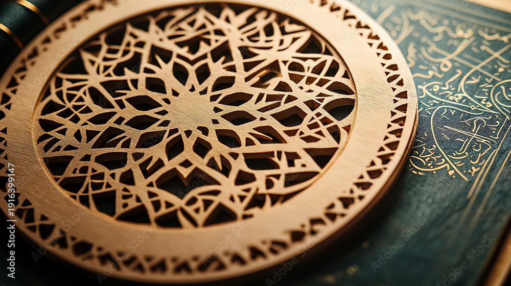 Obraz premium Intricate golden pattern on a circular decorative plate displayed on a dark green ornate background