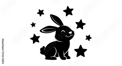 Black rabbit with stars vector illustration, minimalist design, silhouette art Vector