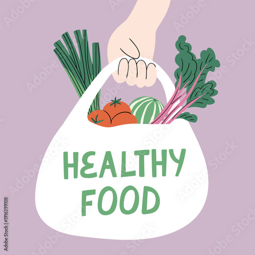 Vector grocery bag with vegetables and lettering - healthy food. Healthy food illustration in flat hand drawn style. Cartoon vegetables for banners, posters, supermarket template