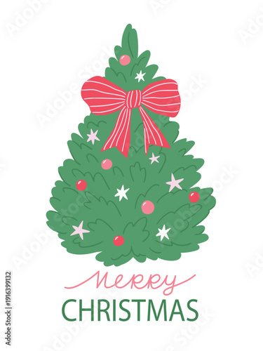 Vector Merry Christmas greeting card with holiday tree, bow and lettering - merry christmas. Coquette decorative holiday card. Vector illustration