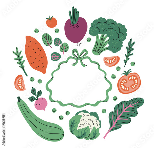 Healthy food with bow frame for your text. Vector vegetable illustration for poster, banner, supermarket template. Vegetable collection in flat cartoom style