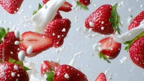Fresh strawberries falling and splashing into white milk, creating a delicious and healthy summer food concept on blue
