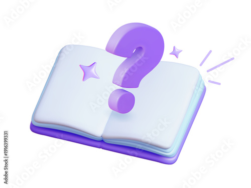 3d vector open book with floating question mark for education. Minimalist help symbol for magic faq support and learning web interface design.