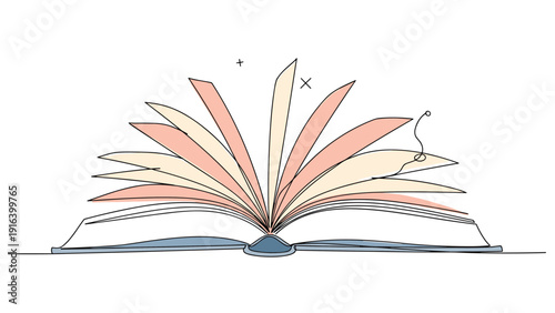 Simple line drawing of an open book with its colorful pages turning as if caught in a breeze on a plain white background.