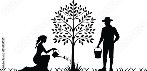 Man and woman watering tree together, gardening silhouette teamwork, plant care and growth concept, eco friendly nature activity, black vector illustrationMan and woman watering tree toge