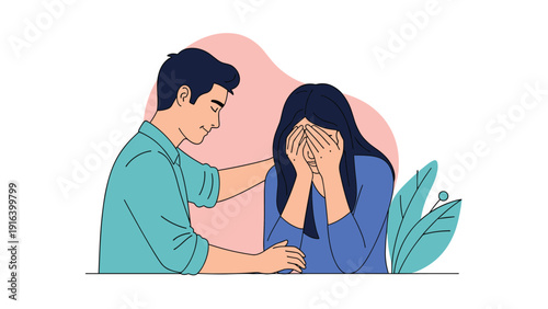 Caring young man placing his hand on the shoulder of a crying woman to offer comfort and emotional support in a time of sadness.