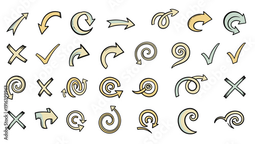 Collection of hand-drawn arrows, check marks, and crosses in various styles and earthy colors for notes and annotations.