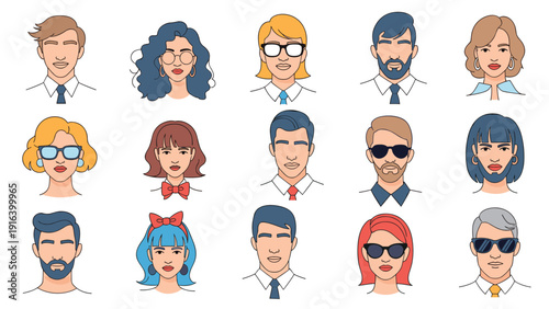 Set of fifteen diverse male and female character avatars wearing different hairstyles, accessories, and professional attire.