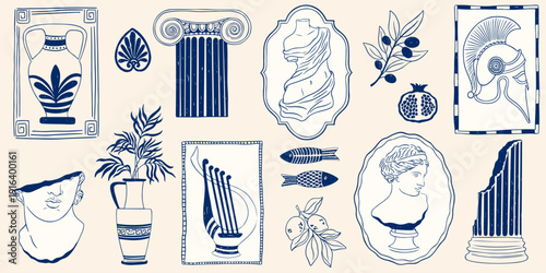 Hand drawn Greek Mediterranean ancient set. Vintage ink frames with mythology bohemian silhouette, antique vase, column sign, sculpture, emblem. Vector Santorini sign, Greek print stamp
