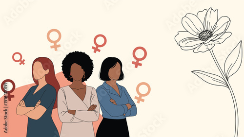 Three diverse professional women standing together with crossed arms surrounded by female gender symbols and a large flower.