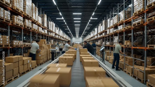 Warehouse staff efficiently packing boxes on conveyor belt amidst stacked shelves filled with cardboard containers viewed from the front