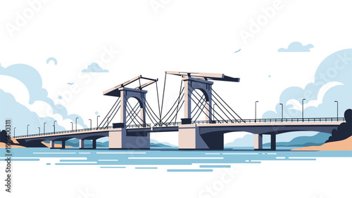 Flat illustration of a modern white drawbridge over a body of water under a cloudy sky with birds flying in the distance.