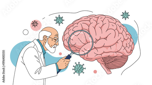 Senior male scientist in a white coat examining a large human brain with a magnifying glass while viruses float in the air.