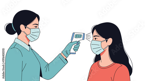 Female medical professional checking a young womans temperature with a non-contact infrared thermometer gun.