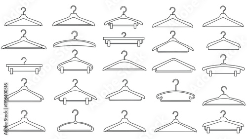 Comprehensive collection of various clothes hanger styles shown in clean black and white minimalist line art.