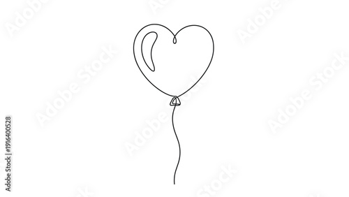Heart shaped balloon floating in the air depicted in a simple yet elegant black continuous line drawing style.