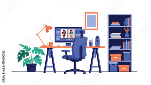 Modern home office workspace setup with a computer monitor displaying a video conference call and bookshelves.