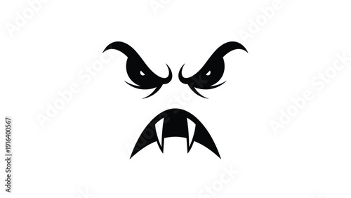 Menacing silhouette of a monster face with angry eyes and sharp fangs isolated on a clean white background.
