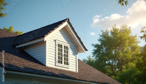 Wallpaper Mural White house facade with dormer window and dark tile roof under blue sky. Green trees and sunlight surround the residential building. Peaceful suburban setting. Torontodigital.ca