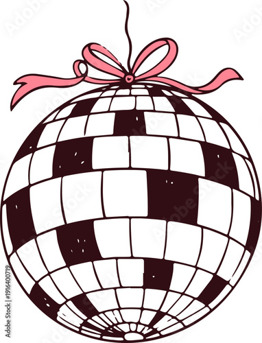 Hand drawn disco ball with pink bow. Whimsical nightclub, bar, bachelorette party discoball. Coquette vector doodle element for Valentines day, Birthday, New year celebration, wedding