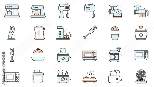 Large set of kitchen appliance icons including a mixer, blender, toaster, and oven in a consistent line style.