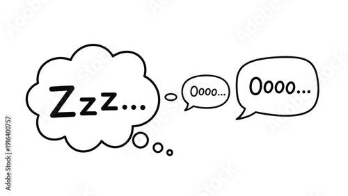 Comic style thought bubbles containing sleep and snoring text or quiet sounds in a simple black and white design.