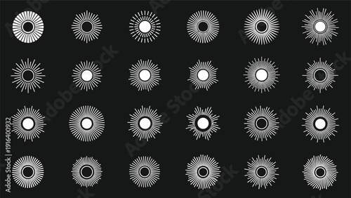 Collection of twenty four diverse radial sunburst or starburst symbols with white lines on a black background.