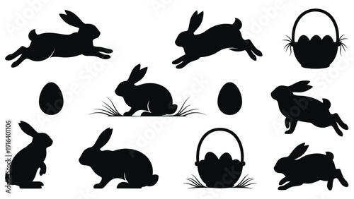 Collection of black silhouettes for Easter featuring rabbits in various poses, eggs, and baskets of treats.
