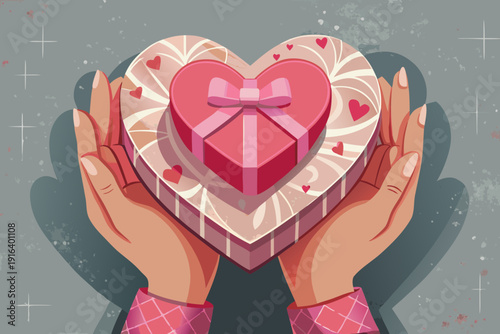 Close up female hands holding pink heart gift box flat lay composition for Valentine birthday Mothers Day celebration symbol of love on concrete background
