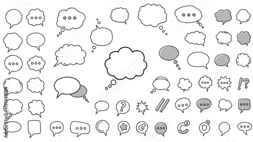Extensive collection of comic style speech and thought bubbles in various shapes and sizes for dialogue.