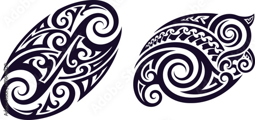 Maori inspired oval and bird like tribal tattoo patterns featuring intricate flowing swirls