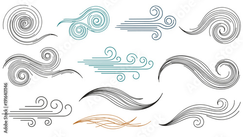 Wind swirls and decorative breeze lines vector illustrations on a white background, perfect for air movement and weather design.