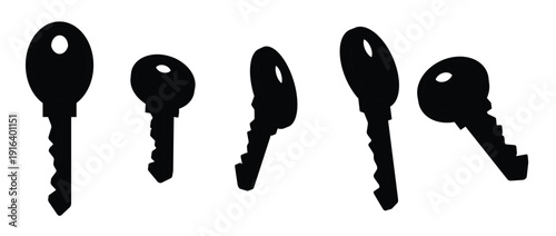 Collection of antique key silhouettes. Medieval and modern keys, black vintage. Realistic black house keys with intricate cuts for security and access Vector illustration.
