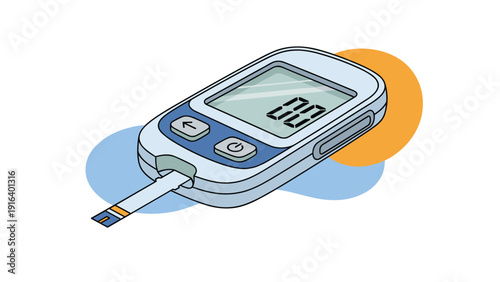 Glucometer device for measuring blood sugar levels with a test strip inserted, medical tool for diabetes management and health monitoring.