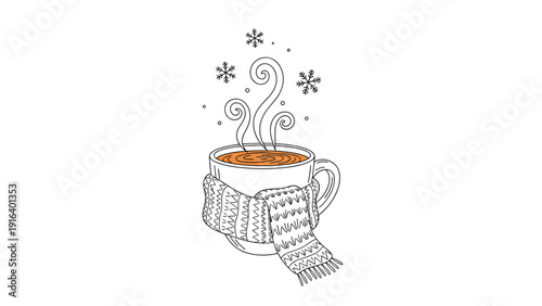 Hot cup of coffee or tea wrapped in a cozy knitted scarf with steam and snowflakes, winter season and warm beverage concept.
