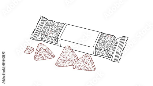 Cereal or granola bar in packaging with broken pieces showing nuts and grains, healthy snack and energy food concept for active life.