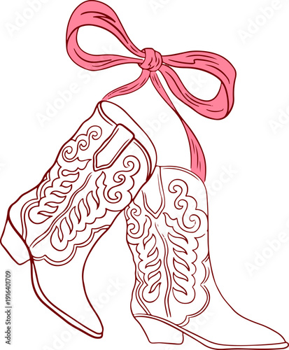 Hand drawn cowboy boots with bow. Coquette Texas ranch shoes, western girly pink fashion, cute ribbon, pink bow. Vintage female romantic rodeo footwear. Vector outline retro bachelorette element