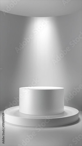A pristine white cylindrical pedestal illuminated by a spotlight against a neutral background, perfect for product displays or presentations