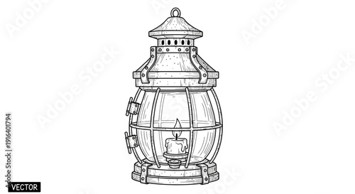 Vintage Lantern with Candle Flame Illustration