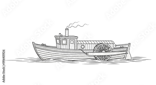 Vintage Paddle Steamboat Sailing on Water, Black and White Sketch