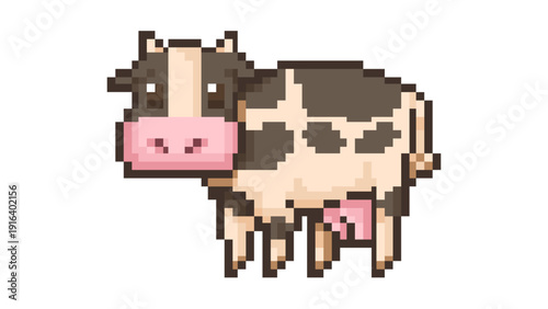 Pixel Art Cow Farm Animal Character Isolated on White Background