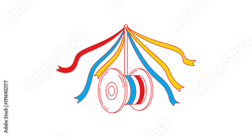 Traditional Maypole Dance with Colorful Ribbons and Wooden Spool Illustration