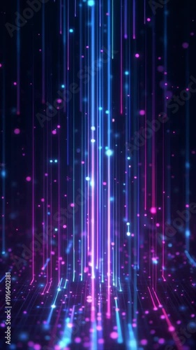 Dynamic abstract background with glowing blue and purple light particles forming an energetic digital stream, representing data flow, connectivity, and futuristic technology