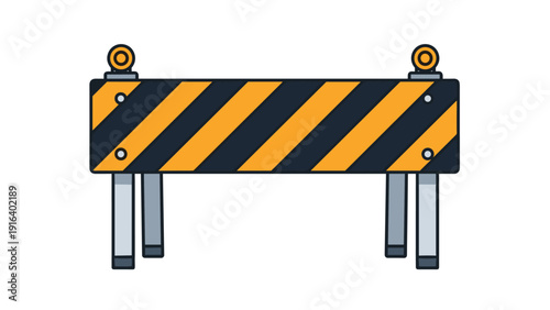 Safety road construction barrier with yellow and black hazard stripes used for traffic control and street maintenance work.