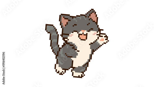 Happy Cheerful Grey Cat Cartoon Character Jumping or Waving Hand