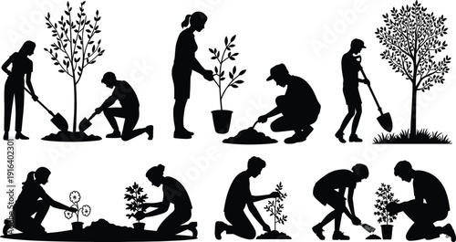 People planting trees silhouette collection, gardening and landscaping activities, environmental conservation scenes, sustainable lifestyle concept, eco friendly nature care, black and white vecto